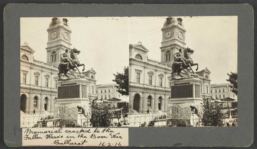 Memorial erected to the Fallen Heros (i.e Heroes) in the Boer War, Ballarat, February 16, 1914, Photograph; albumen silver stereograph; 8.0 x 15.0 cm; on stereo card 9.0 x 15.0 cm approx., Accession No: H83.375/2. State Library of Victoria Collection
