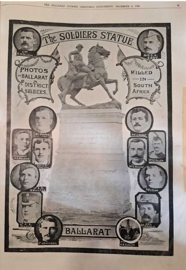 Memorial to Ballarat and district soldiers killed in South Africa and the Boer War Statue, The Ballarat Courier Christmas Supplement, 5 December1906. Held at Ballarat Research Hub at Eureka