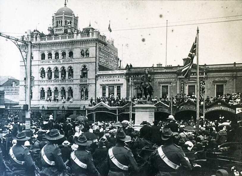 Uniformed soldiers watch the unveiling of the Boer War Statue, 1906. Identifier: CB_Photo_2268, Ballarat Libraries