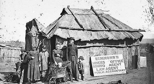 ‘Simmons (miners' office, mining agent, law agent and public accountant) and family outside his bark hut, Gulgong area’, 1870-1875, American & Australasian Photographic Company, State Library of NSW Collection